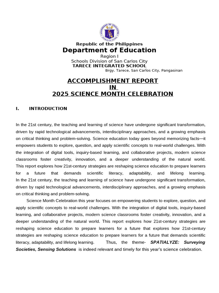 2025 Science Month Celebration Report | PDF | Science | Learning