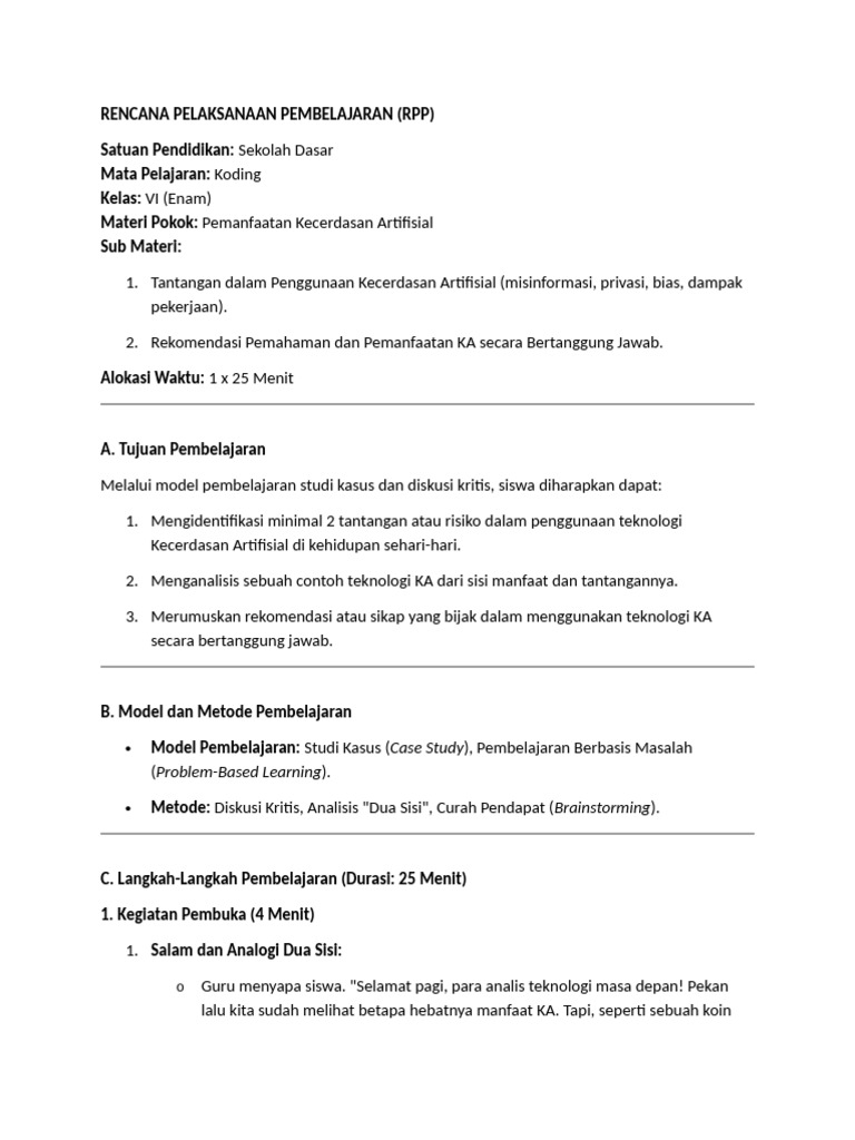 RPP Koding: Tantangan Kecerdasan Artifisial | PDF