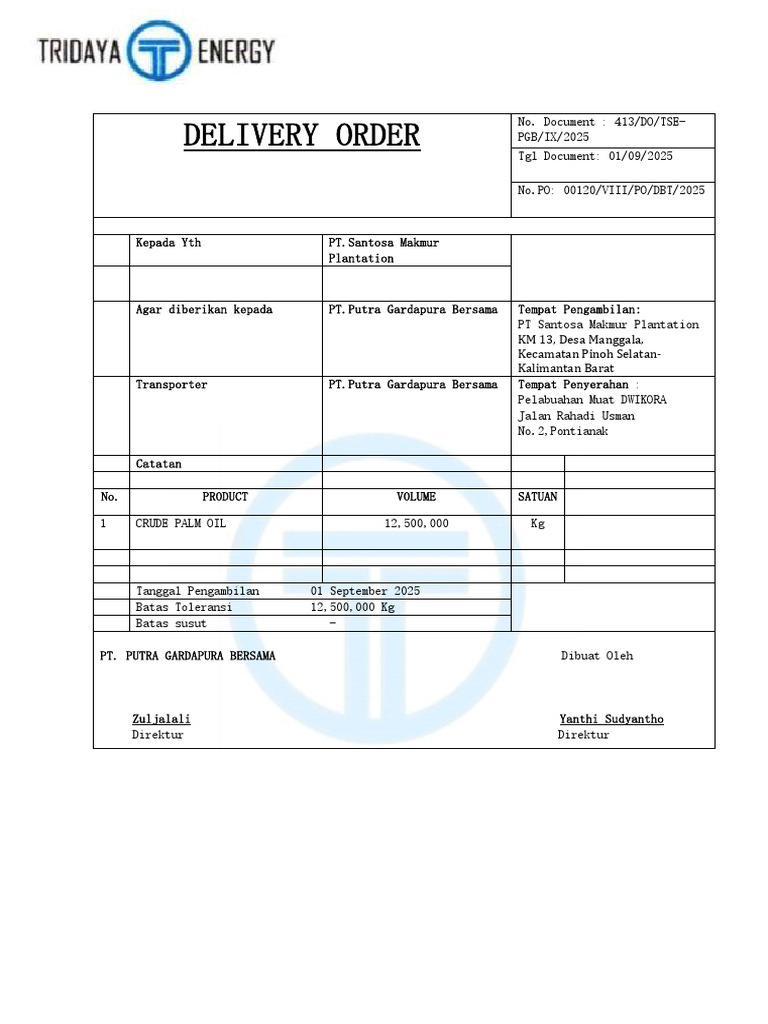 Delivery Order CPO PT Putra Gardapura | PDF