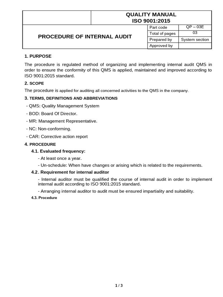 Internal Audit Procedure for ISO 9001:2015 | PDF | Audit | Internal Audit
