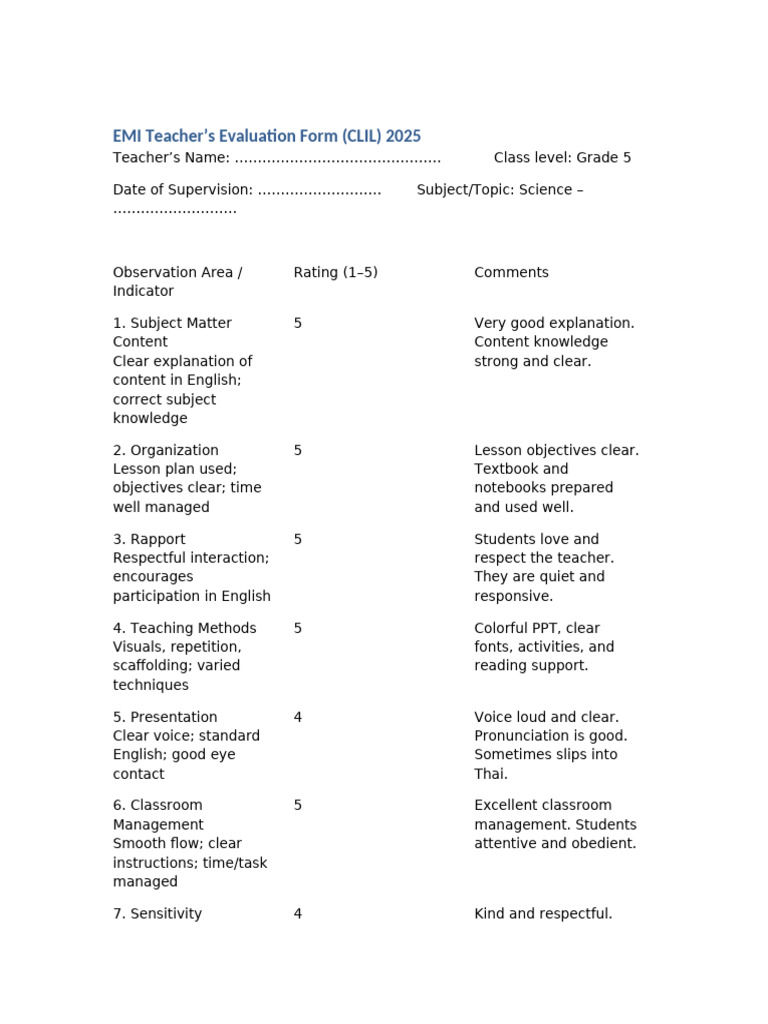 EMI Teacher Evaluation Form Grade5 Updated | PDF | Classroom | Teachers