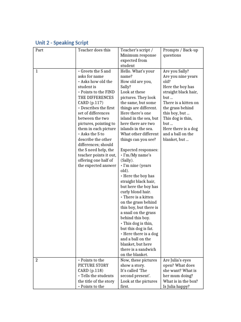 Unit 2 Speaking Script Table | PDF