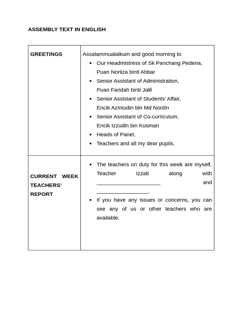 Weekly English Assembly Overview | PDF