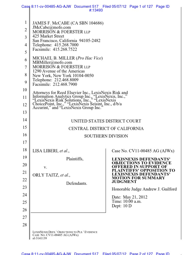 Reed Objections to Plaintiffs Evidence Doc 507 Summary Judgment