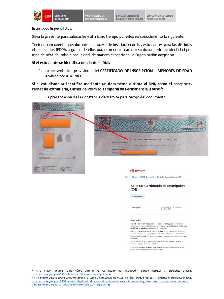 RENIEC - Certificados de Inscripcion | PDF