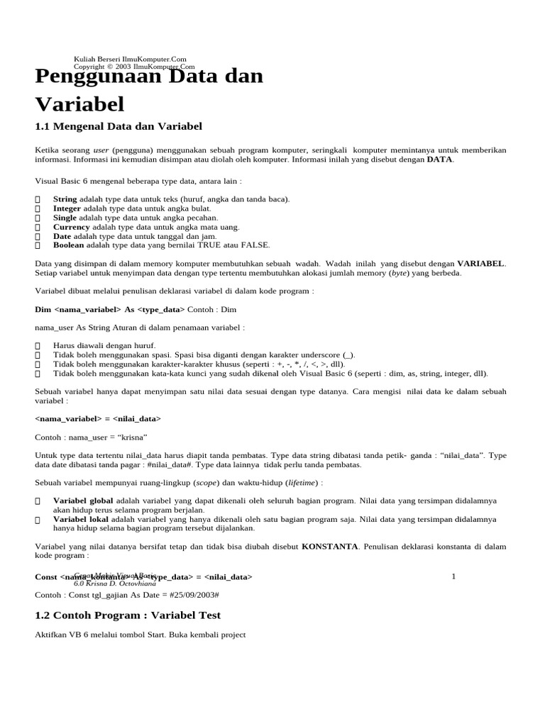 Panduan Variabel dan Operator VB 6 | PDF