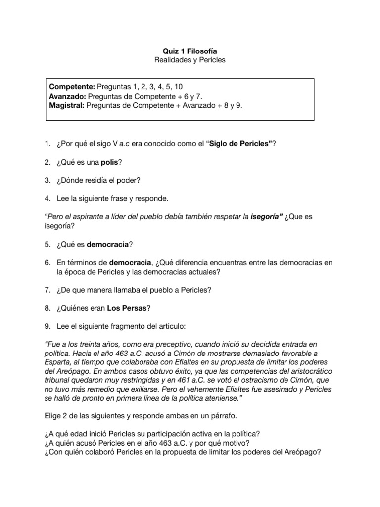 Quiz sobre Pericles y la Democracia Ateniense | PDF