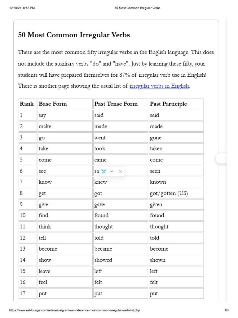Top 50 Irregular Verbs in English | PDF | Verb | Linguistic Typology