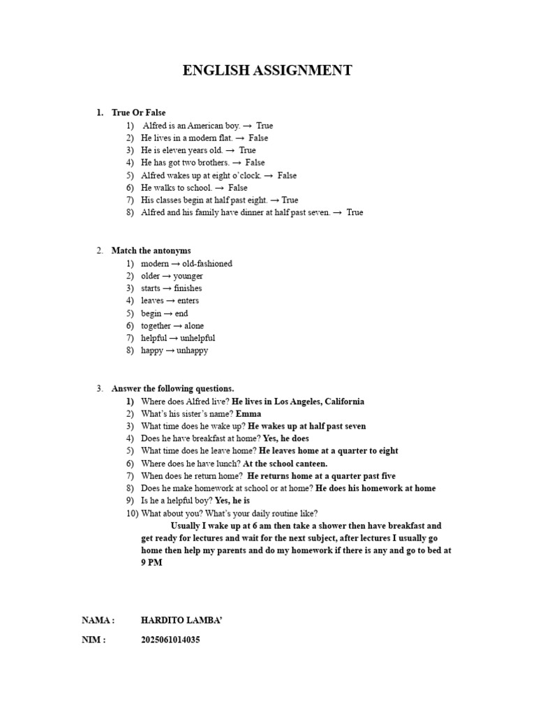 English Assignment: True/False & Antonyms | PDF