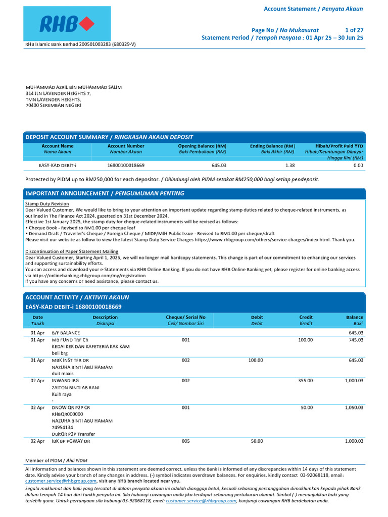 RHB Islamic Bank Account Statement Summary | PDF | Debits And Credits ...
