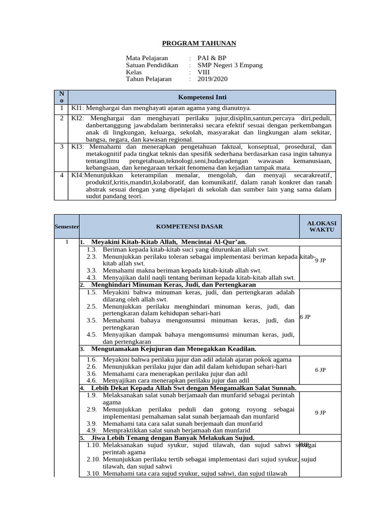 Program Tahunan PAI & BP SMP 2019/2020 | PDF