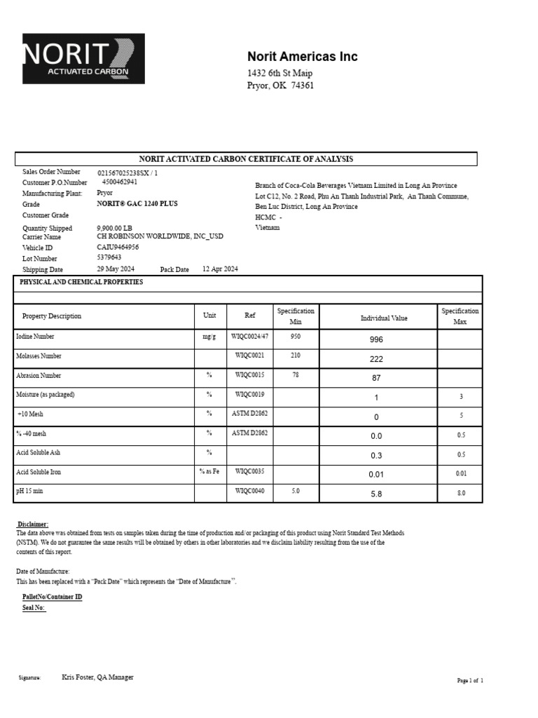 Norit GAC 1240 Plus Analysis Report | PDF | Chemistry | Chemical Substances