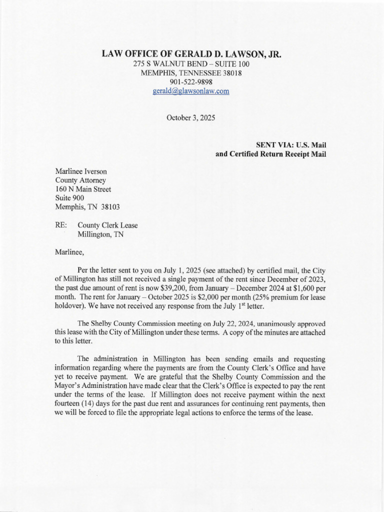 City of Millington Demand Letter To Shelby County Clerk Wanda Halbert | PDF