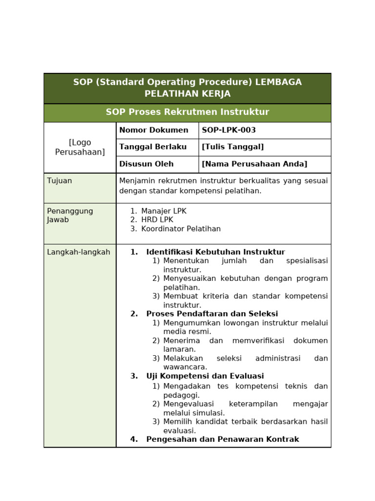 SOP Rekrutmen Instruktur LPK | PDF