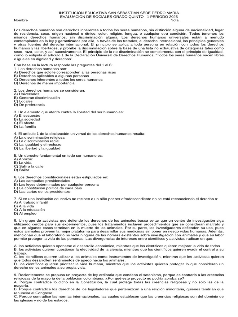 Evaluación de Derechos Humanos 5° Grado | PDF | Derechos | Democracia