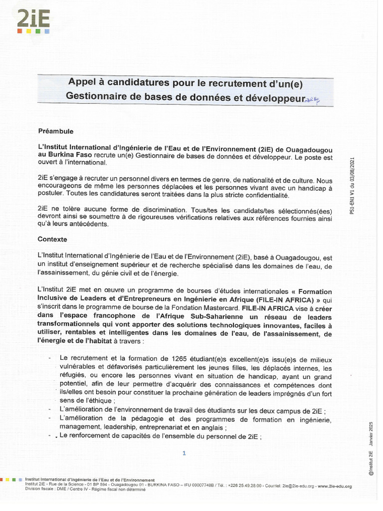 Appel À Candidatures Pour Le Recrutement D'un (E) Gestionnaire de Bases ...