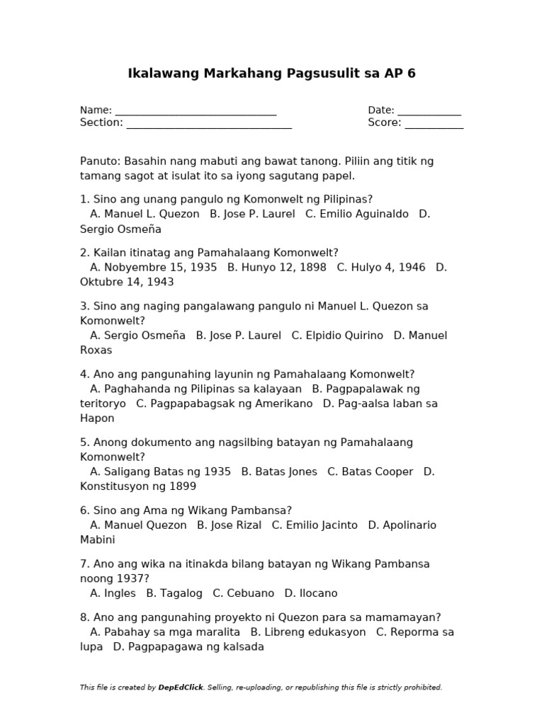 Quarter 2 Examination AP 6 DepEdClick | PDF
