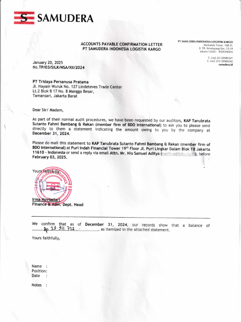 Accounts Payable Confirmation Letter | PDF