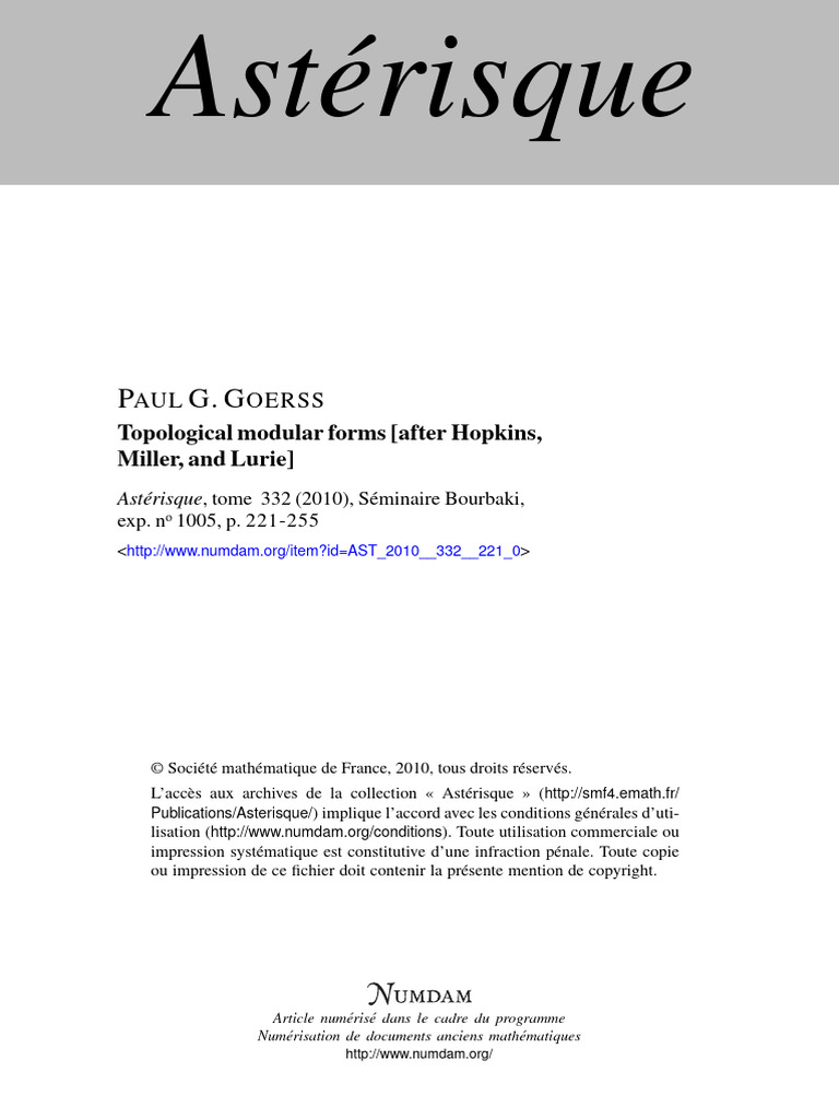 P. Goerss - Topological Modular Forms (After Hopkins, Miller, and Lurie ...