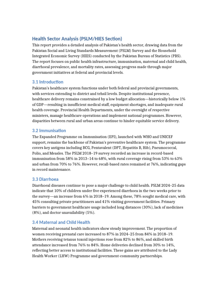 Health Sector PSLM HIES Report | PDF | Health Care | Infant Mortality