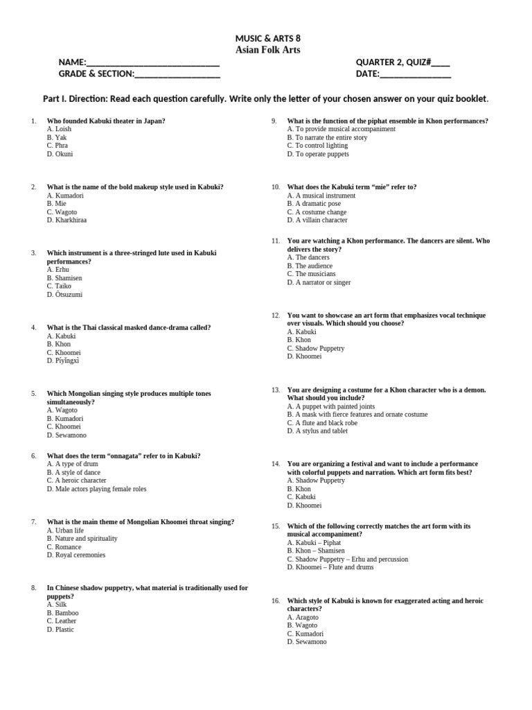Music and Arts 8 - Asian Arts Q2 Quiz 2 | PDF | Puppetry | Puppets