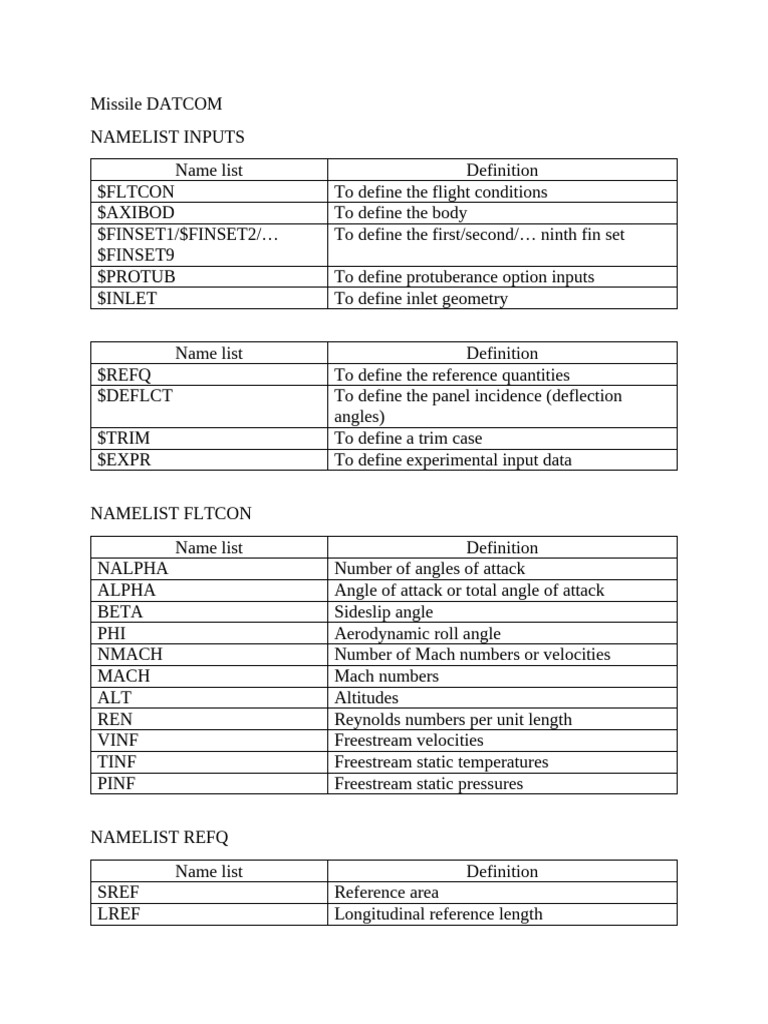 Missile DATCOM Input Definitions | PDF | Angle | Aerospace Engineering