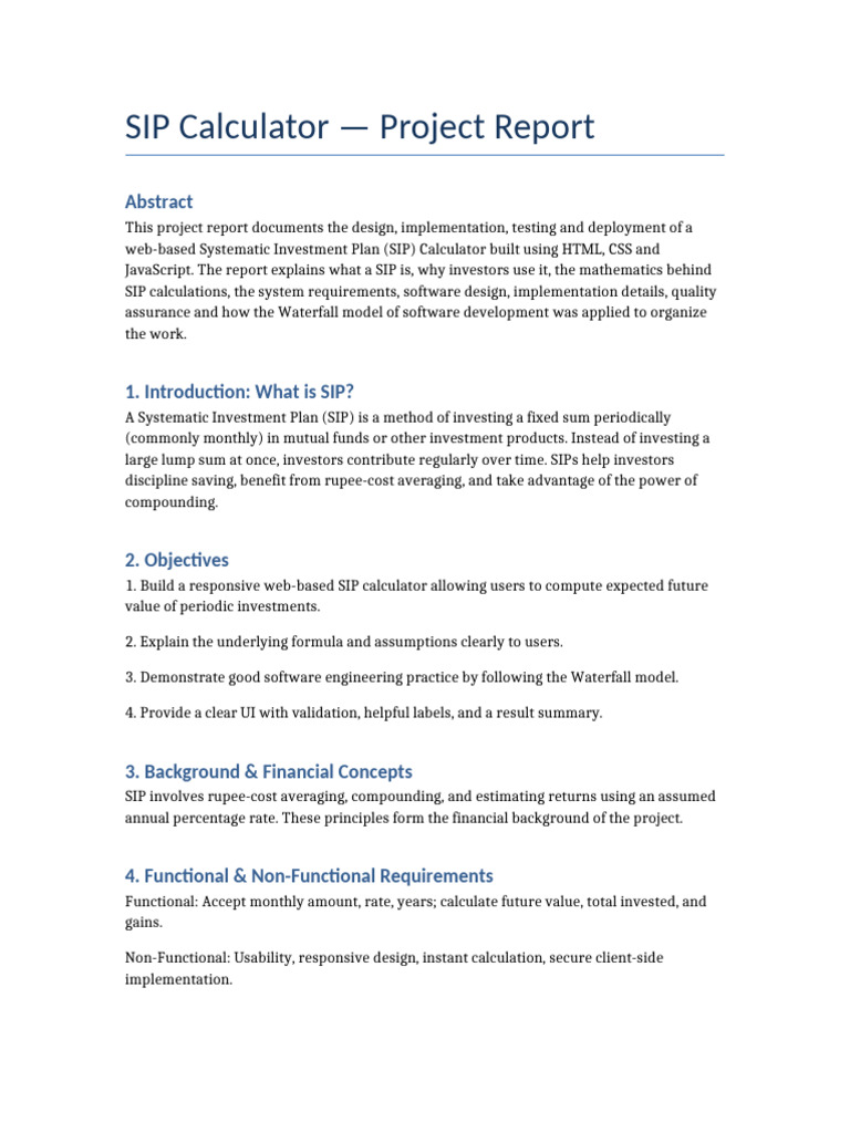 Web-Based SIP Calculator Project Report | PDF | Present Value | Computing