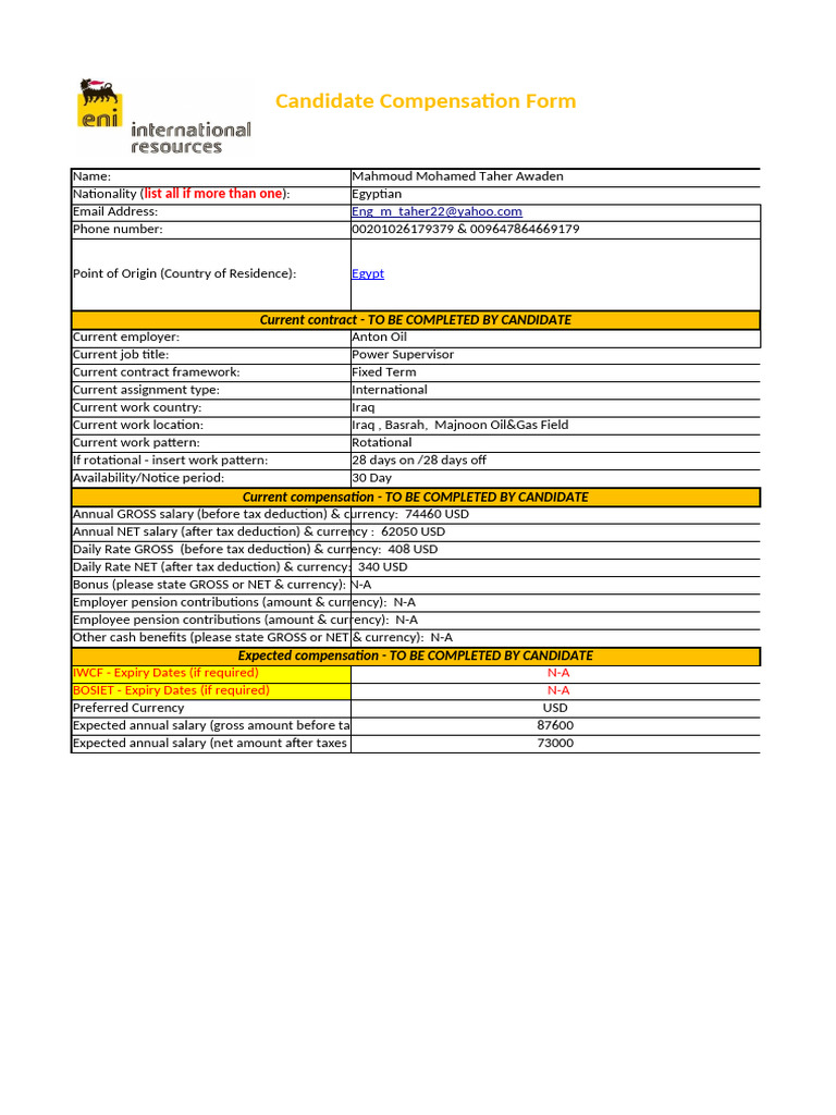 C&B Form - Mahmoud Awaden | PDF | Salary | Taxes
