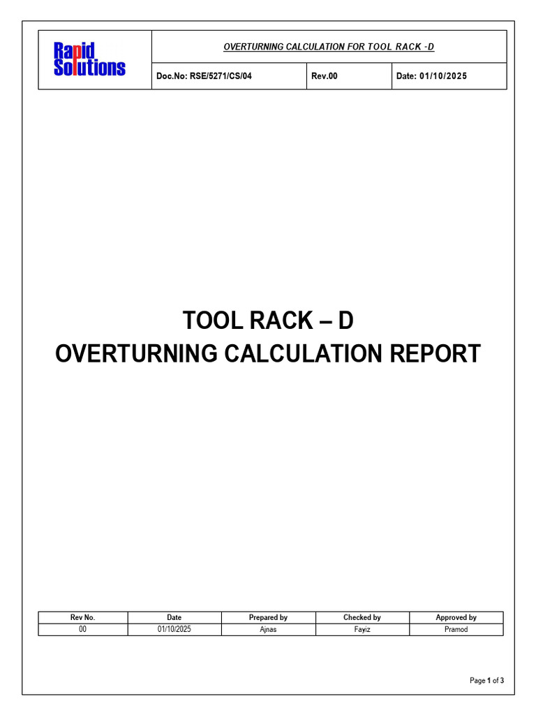 5271 - HLB Tool Rack D Overturning Calculation Report Rev.00 | PDF