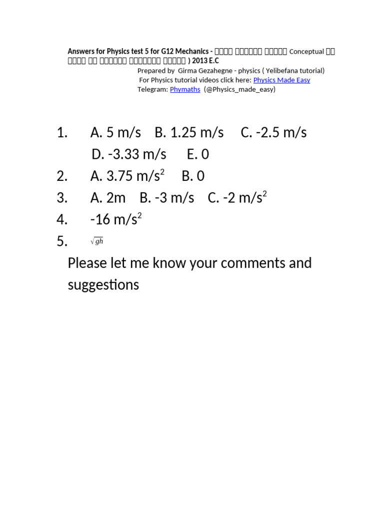 Answers For G12 Physics Test 5 | PDF