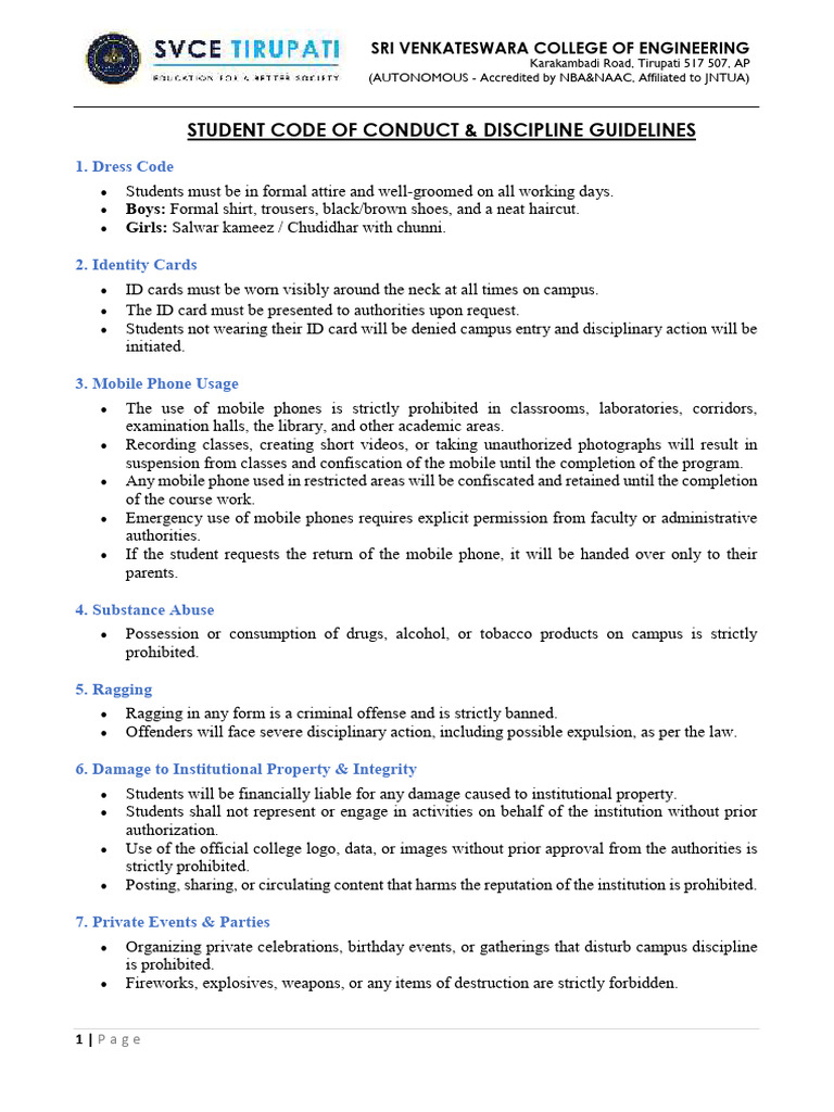 Student Conduct Guidelines at SVCE | PDF