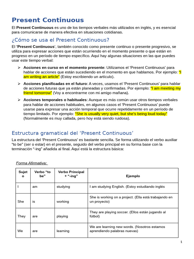 Uso y Estructura del Present Continuous | PDF | Verbo | Gramática
