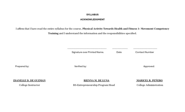 Physical Activity Course Syllabus Acknowledgment | PDF