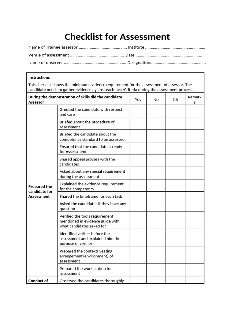 Checklist For Mock Assessment | PDF