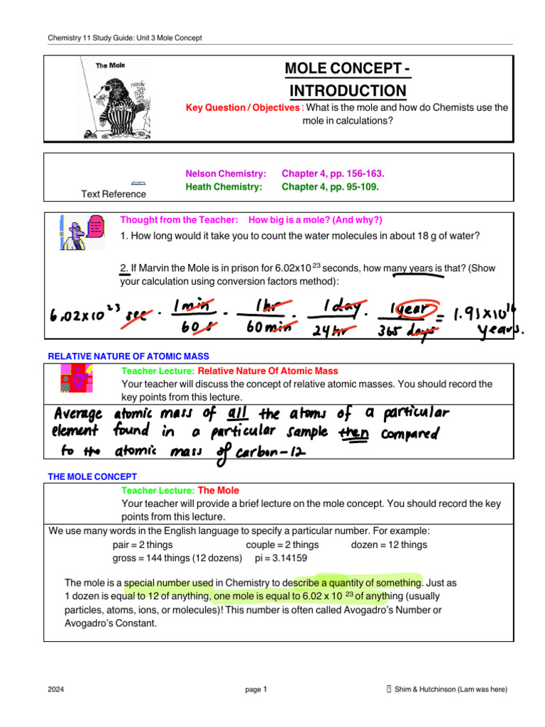 CH11 Unit 3 Moles 2024L | PDF | Mole (Unit) | Chemistry
