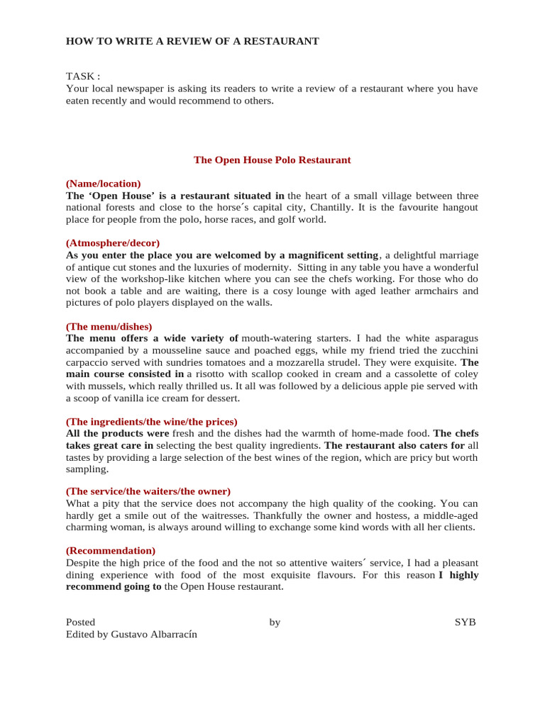 How To Write A Review of A Restaurant | PDF | Restaurants | Meal