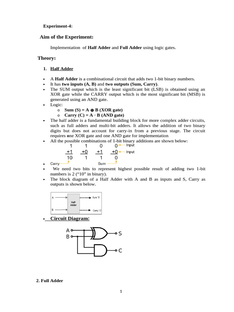 Half and Full Adder Circuit Guide | PDF | Electronic Design | Computer ...