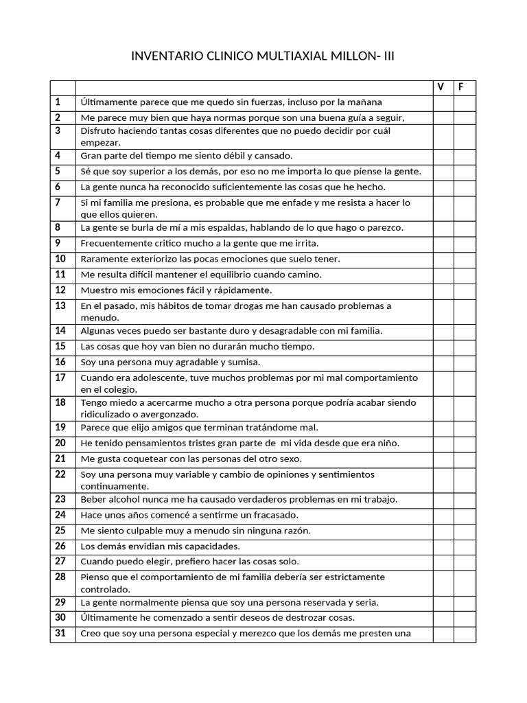 Inventario Clínico Multiaxial Millon-III | PDF | Las emociones ...
