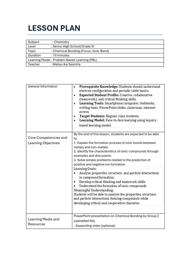 Ionic Bonding Lesson Plan for High School | PDF | Ion | Chemical Bond