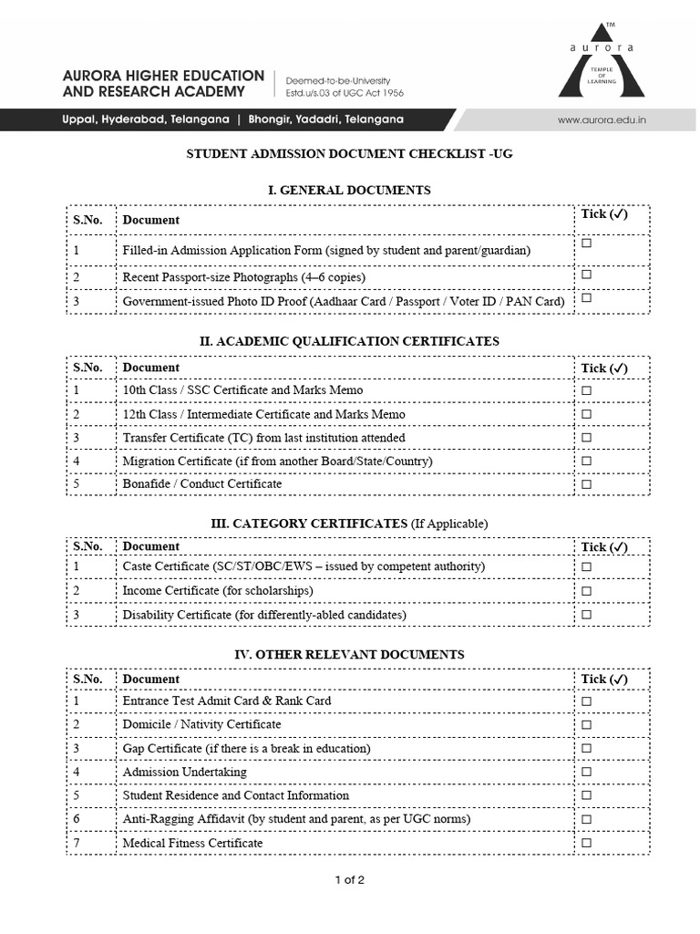 Student Admission Document Checklist | PDF | Government And Personhood