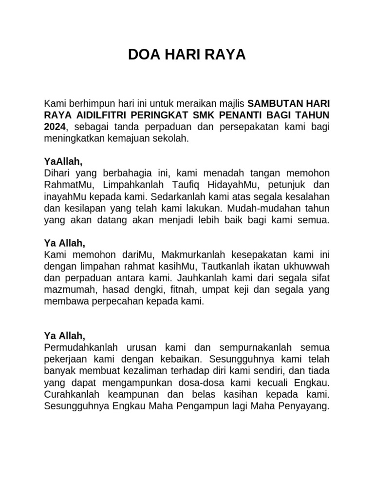 Doa Kesatuan Hari Raya Aidilfitri 2024 | PDF