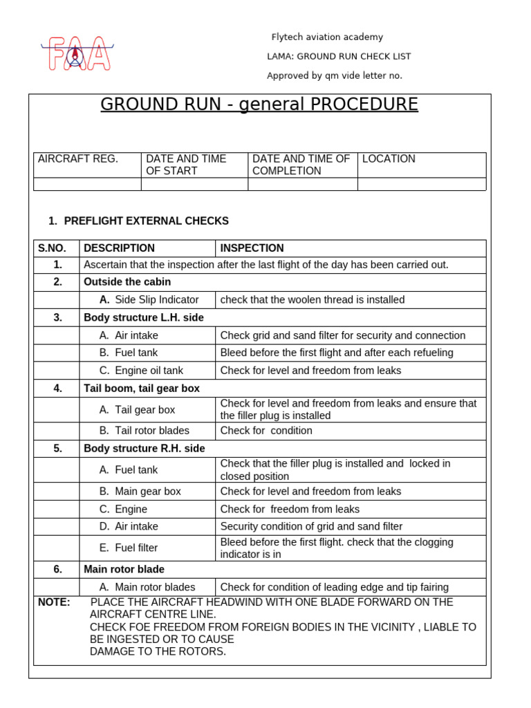LAMA Ground Run Checklist for Aircraft | PDF | Helicopter Rotor | Clutch
