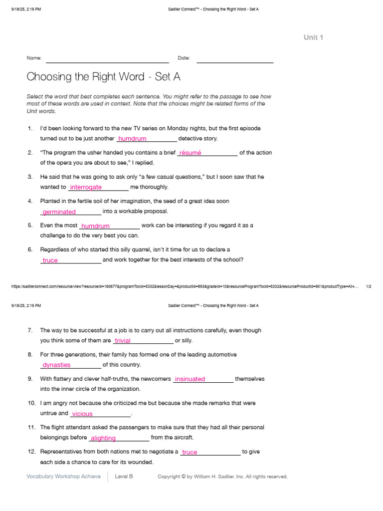 Vocabulary Workshop: Unit 1 Exercises | PDF | Chess Openings | Chess