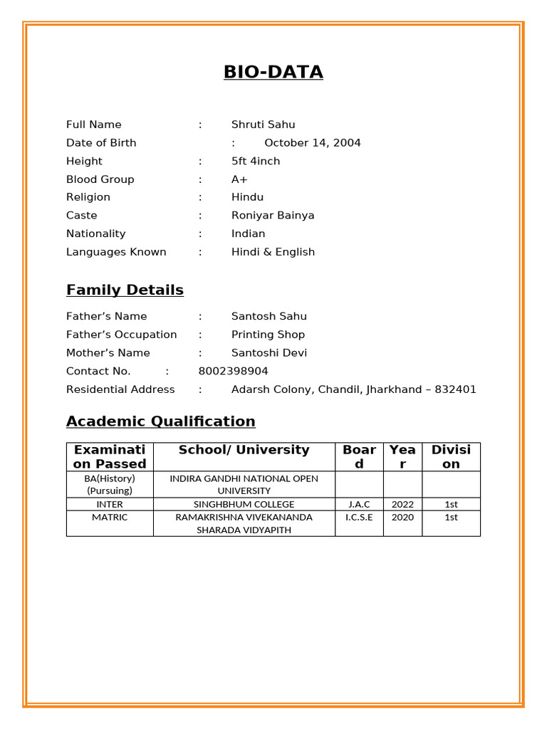 Shruti Sahu Bio-Data Overview | PDF