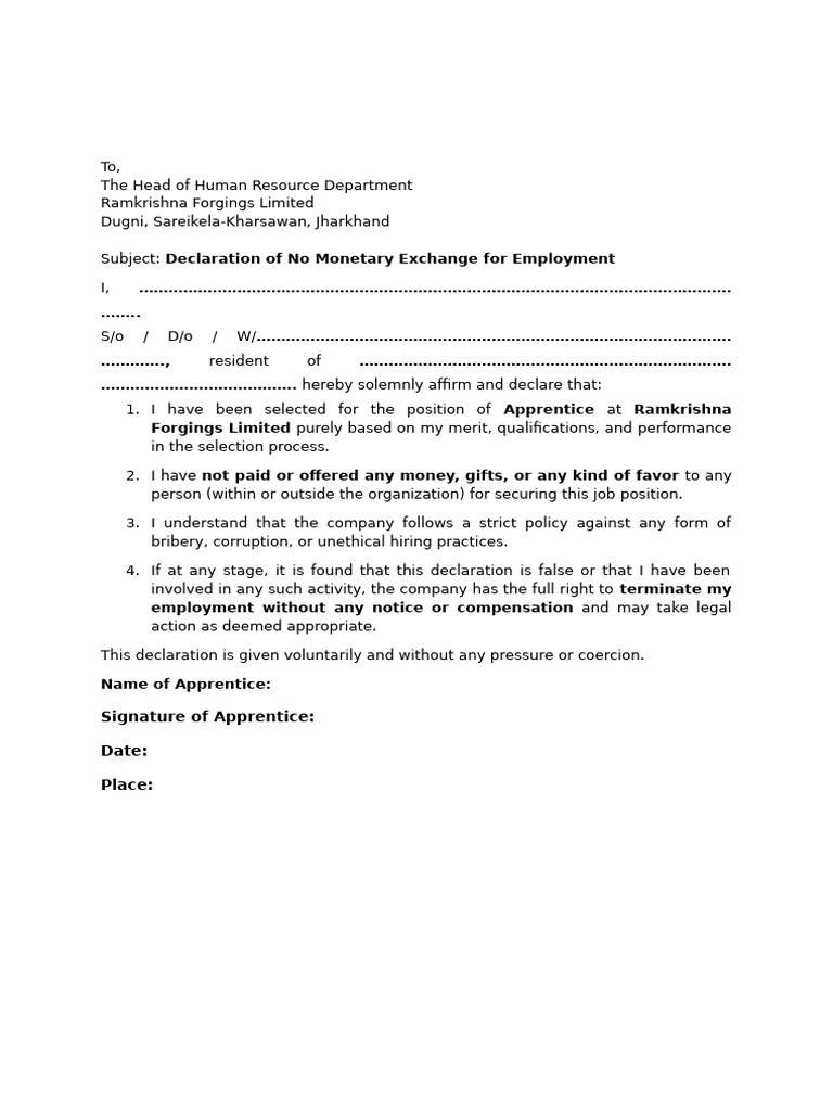 No Monetary Exchange Declaration for Employment | PDF