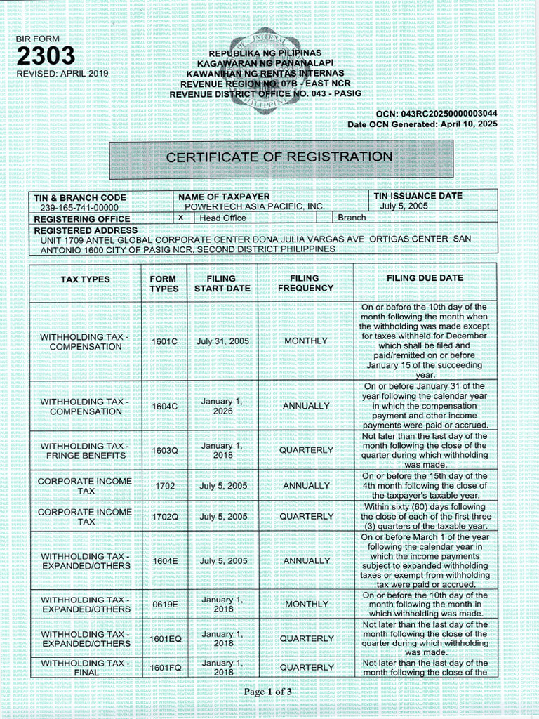 BIR 2303 Certificate of Registration Antel | PDF