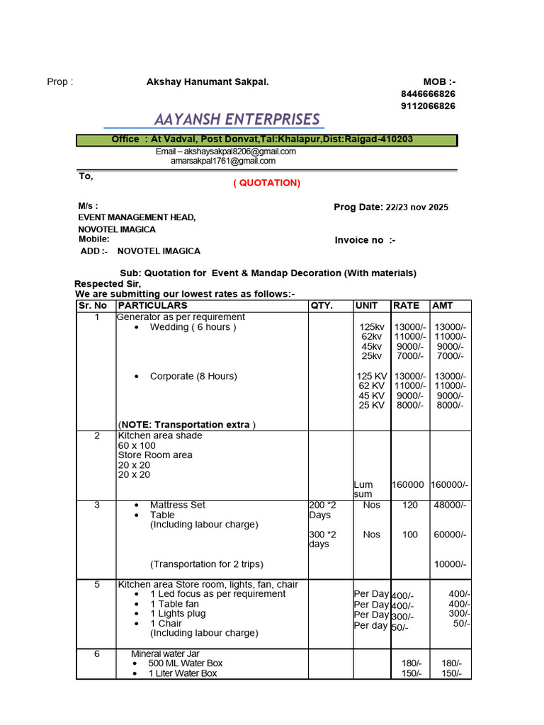 Aayansh Enterprises Event Quotation | PDF