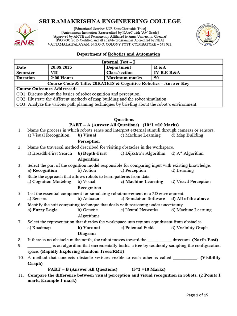 Internal Question 1 Answer Key | PDF | Perception | Robot