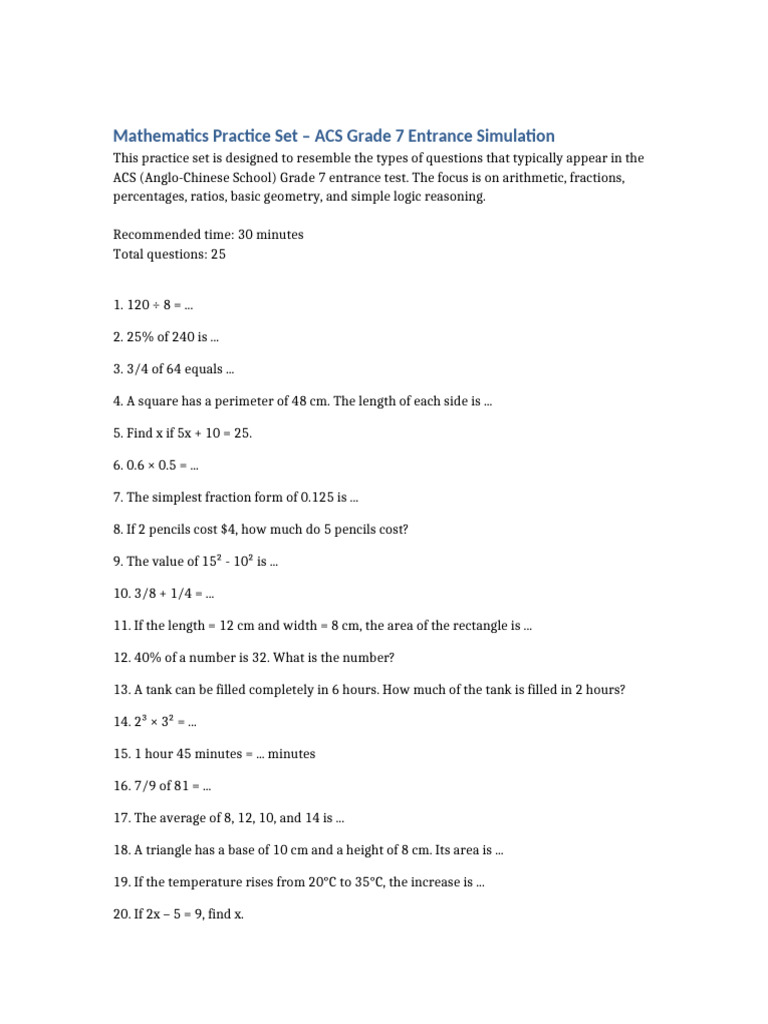 ACS Grade 7 Math Practice Set | PDF