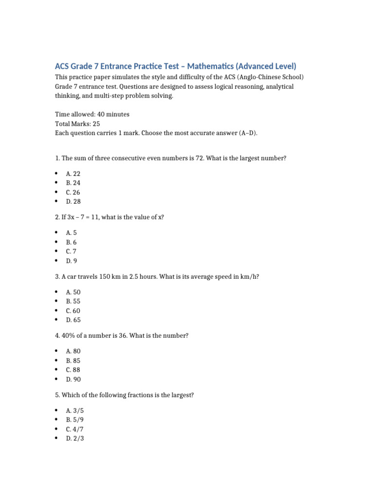 ACS Grade 7 Math Entrance Test Prep | PDF | Area | Length